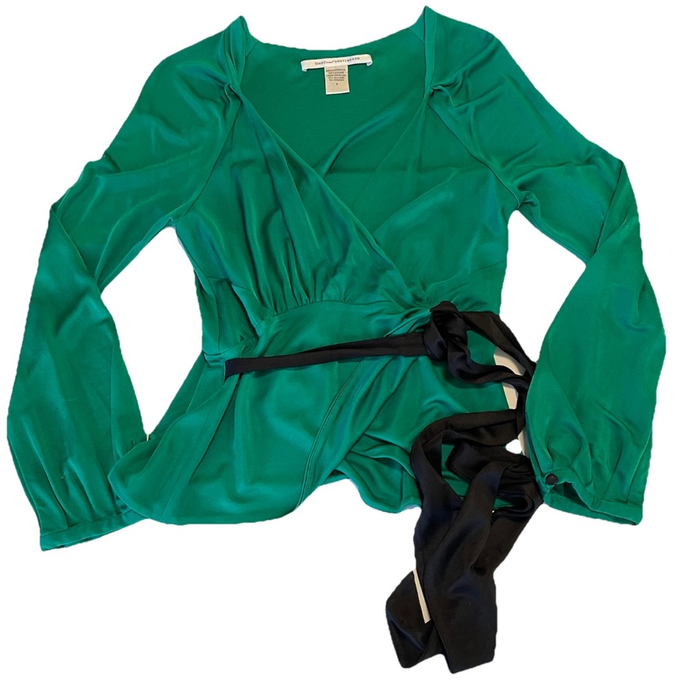 Diane Von Furstenberg Emerald Green Wrap Blouse with Black Sash